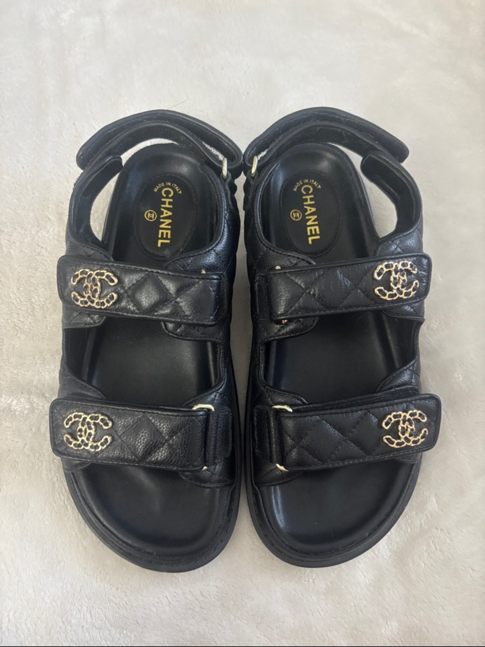 CHANEL Black Quilted Leather CC Logo Velcro Sandals